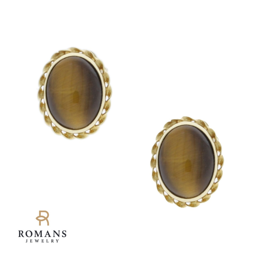 Tigers Eye Stud Earrings 14K Yellow Gold