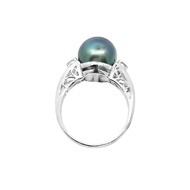 Tahitian Pearl Diamond Ring 14K White Gold .09CTW