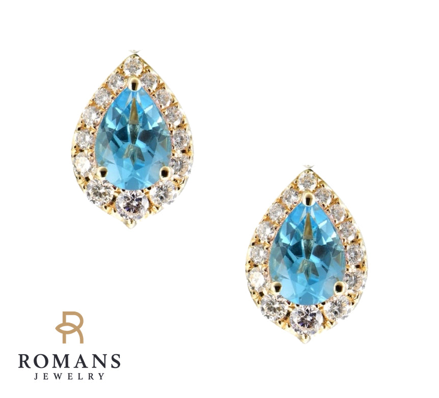 Topaz Diamond Halo Earrings 14K Yellow Gold