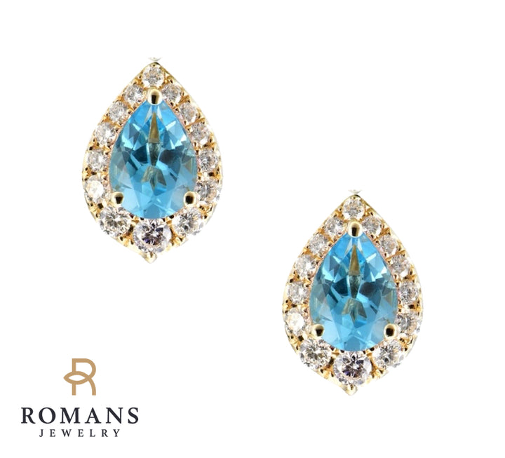 Topaz Diamond Halo Earrings 14K Yellow Gold