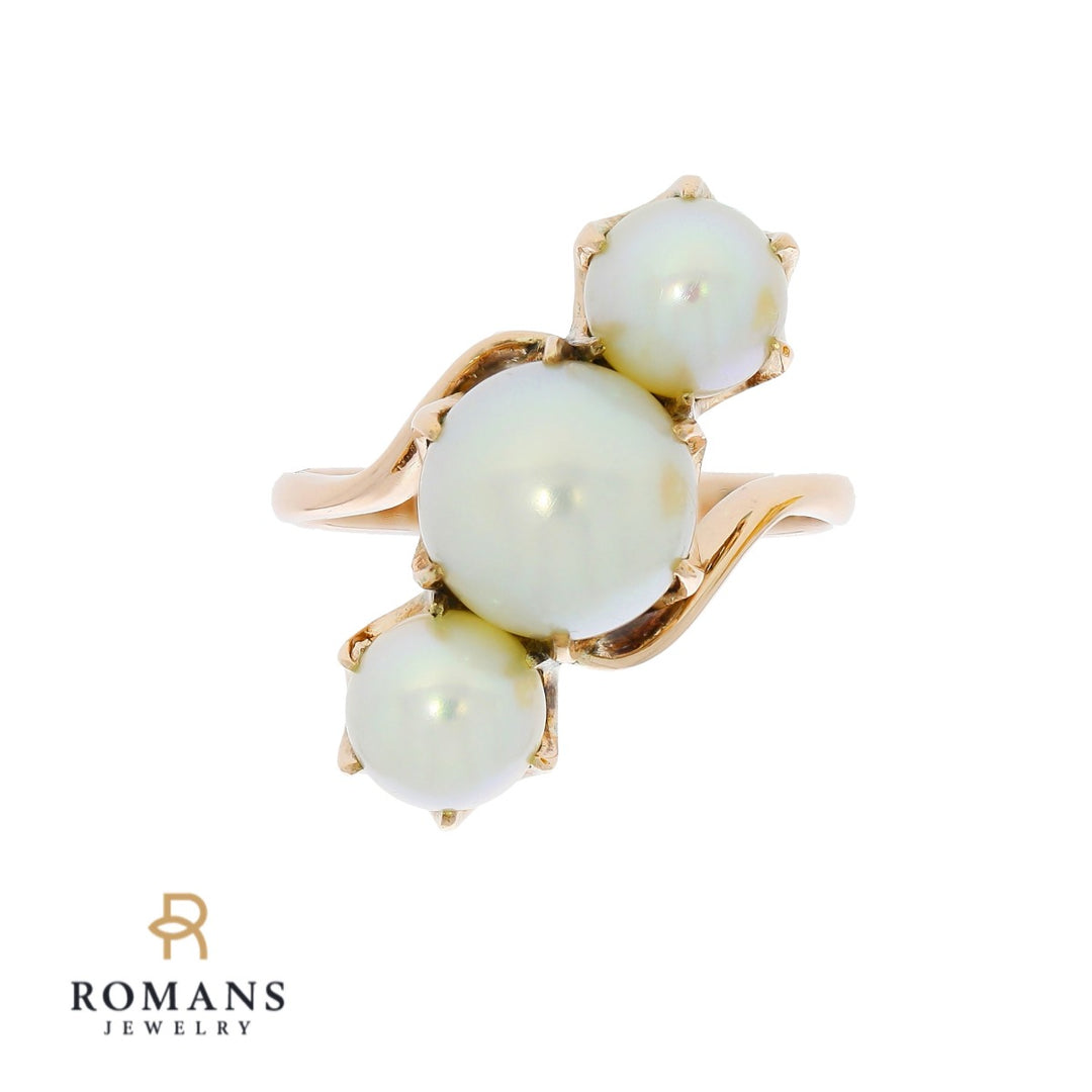 Victorian 3 Pearl Ring 14K Yellow Gold GIA