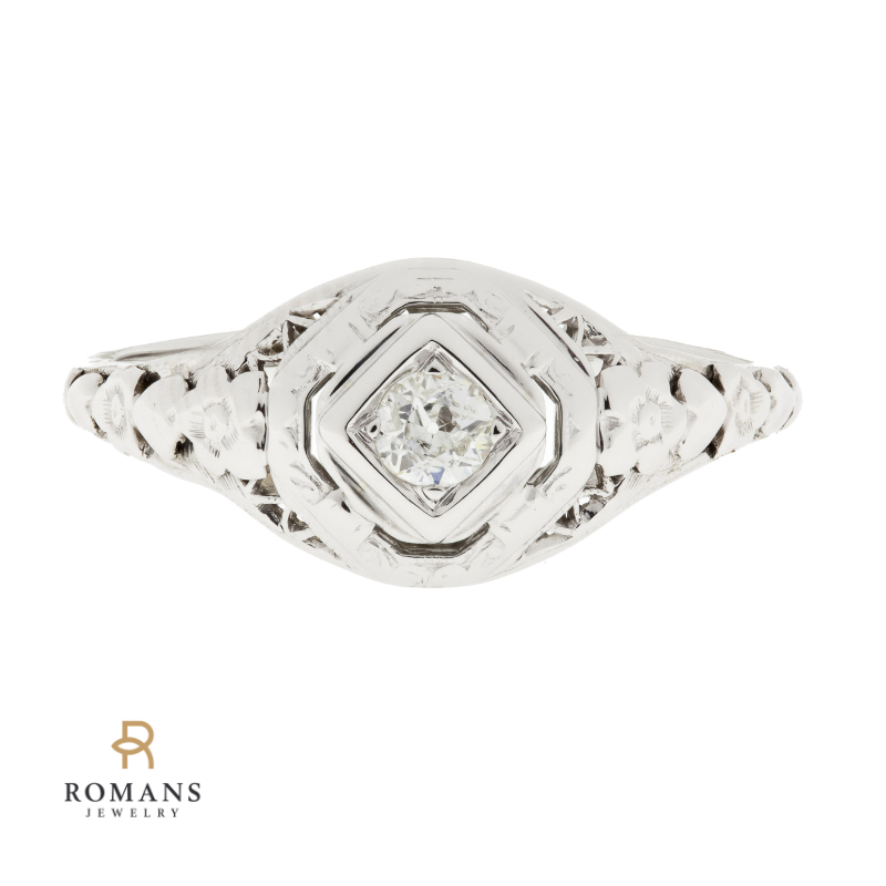 Vintage Filigree Diamond Ring 14K White Gold .12 CTW