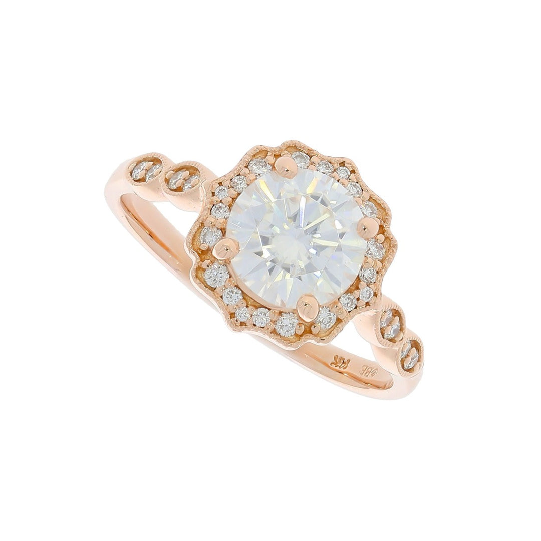 Moissanite Diamond Halo Ring 14K Rose Gold 1.35 CT