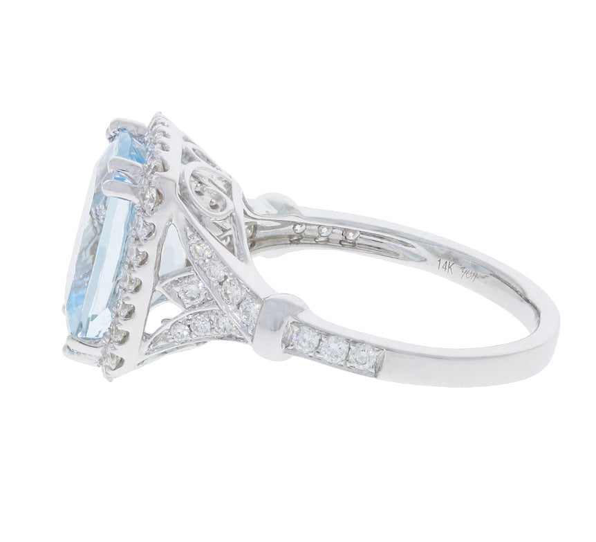 Aquamarine Diamond Halo Ring 14K White Gold 3.63CT