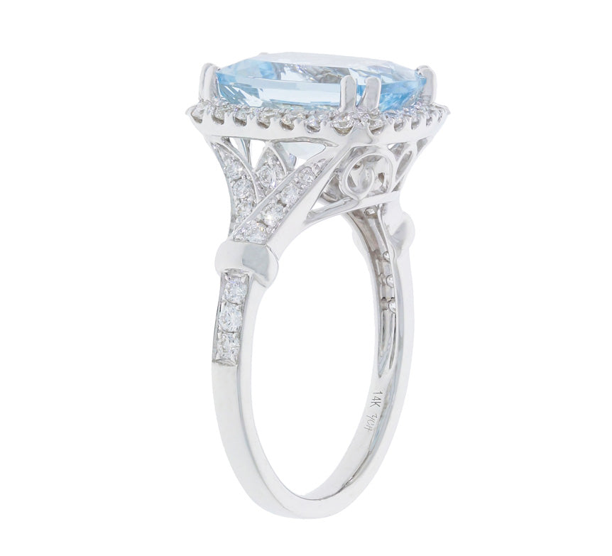 Aquamarine Diamond Halo Ring 14K White Gold 3.63CT