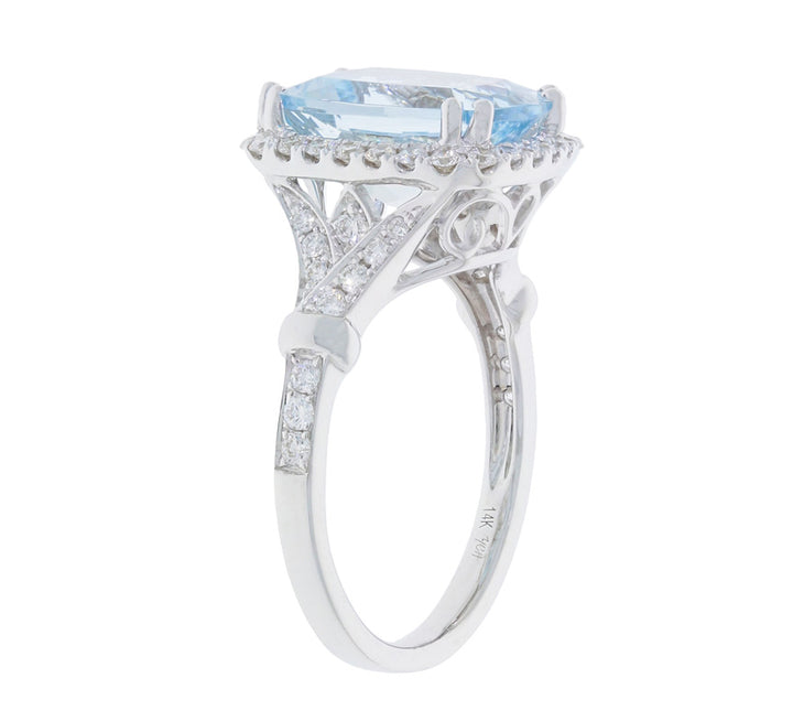 Aquamarine Diamond Halo Ring 14K White Gold 3.63CT