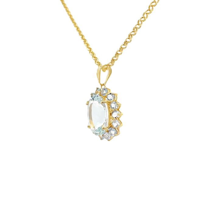 Oval Aquamarine Pendant Halo 14K Yellow Gold 6.25CTW