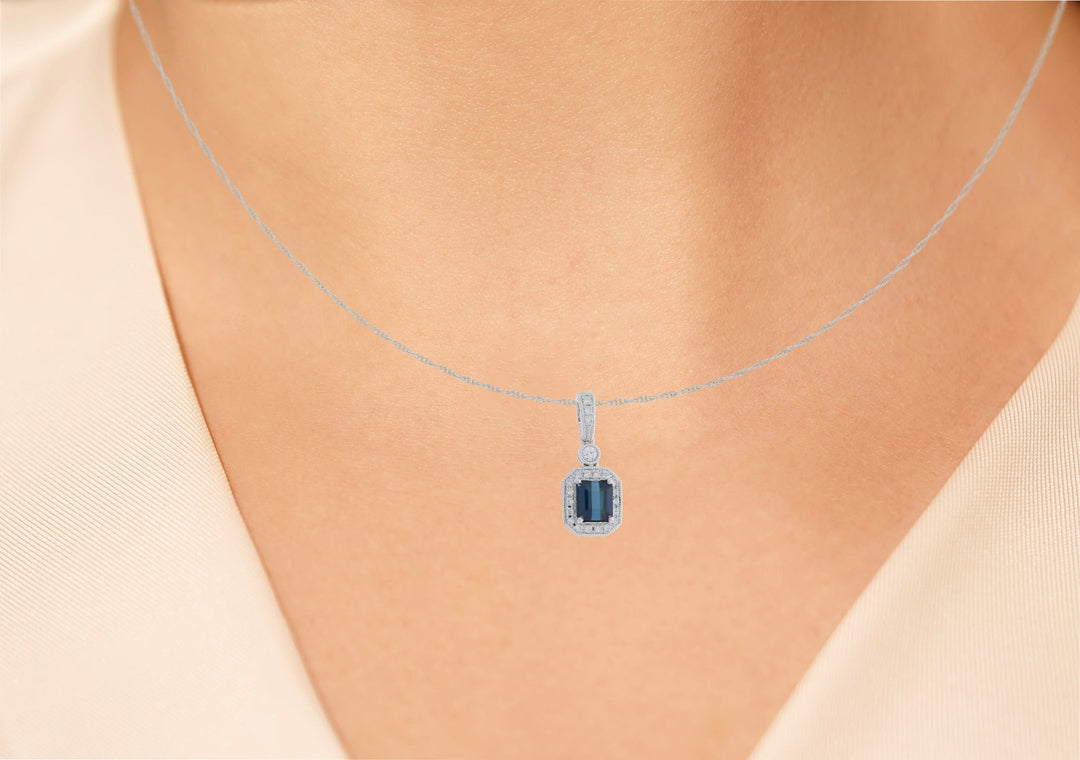 Blue Tourmaline Diamond Pendant 14K White Gold .72CT