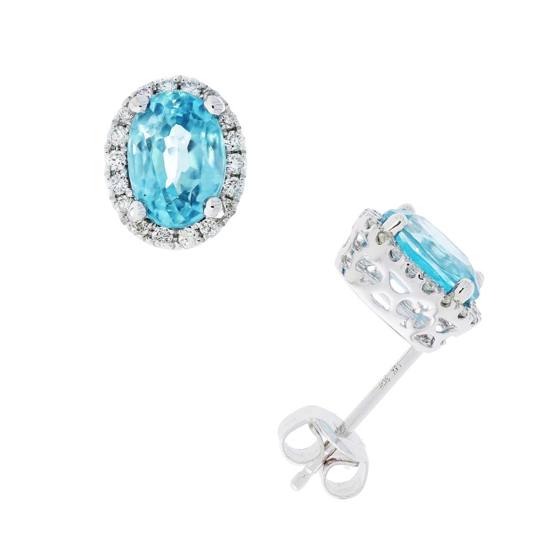 Blue Zircon Diamond Halo Stud Earrings 14K White Gold 2.48CTW
