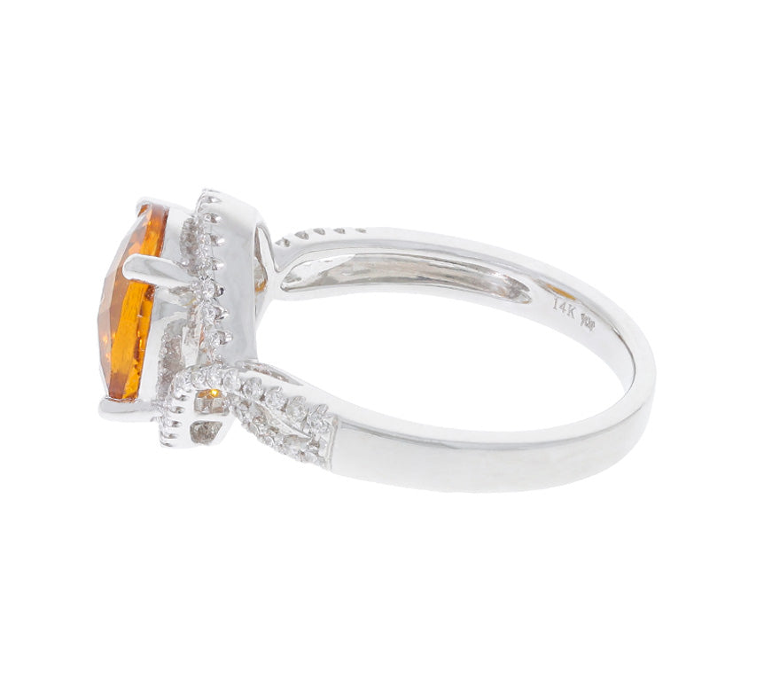 Citrine Diamond Halo Ring 14K White Gold 1.80CT