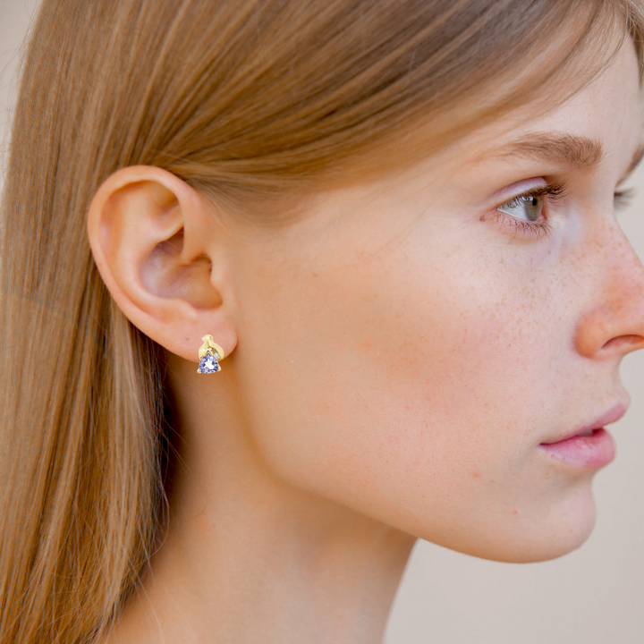 Trillion Cut Tanzanite & Diamond Stud Earrings 14K Yellow Gold .94CTW