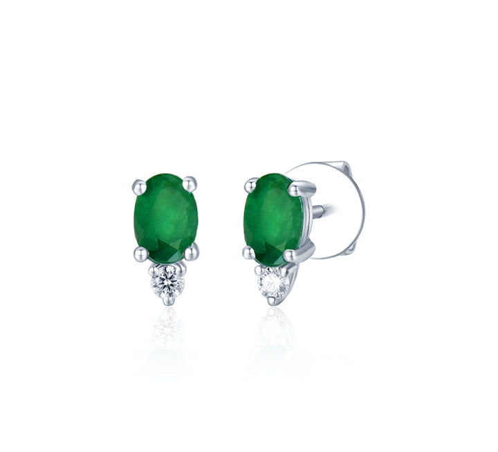Emerald Diamond Stud Earrings 14K White Gold