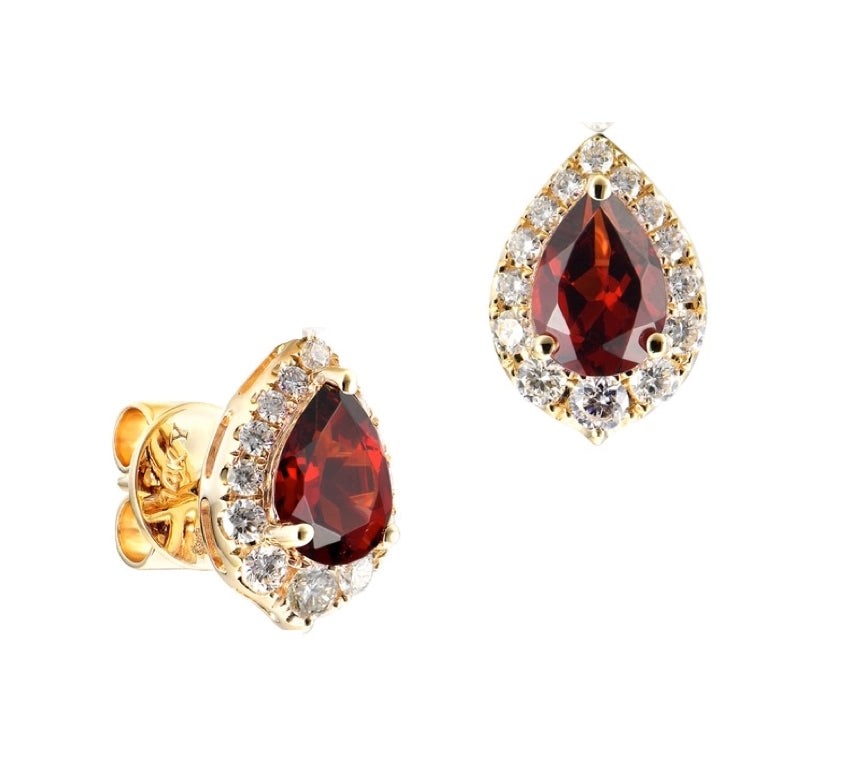 Garnet Diamond Halo Earrings 14K Yellow Gold