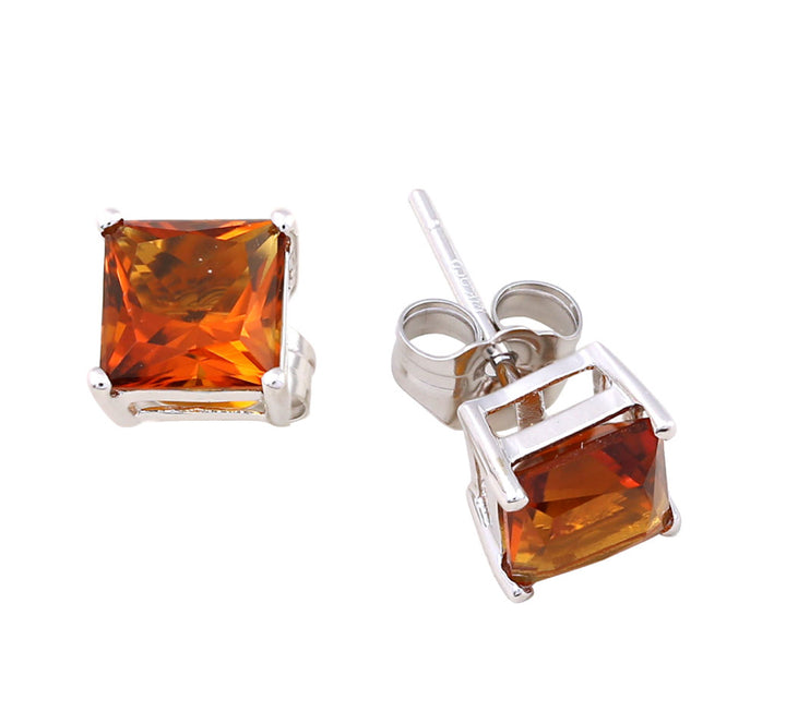 Citrine Princess Cut Stud Earrings 14K White Gold