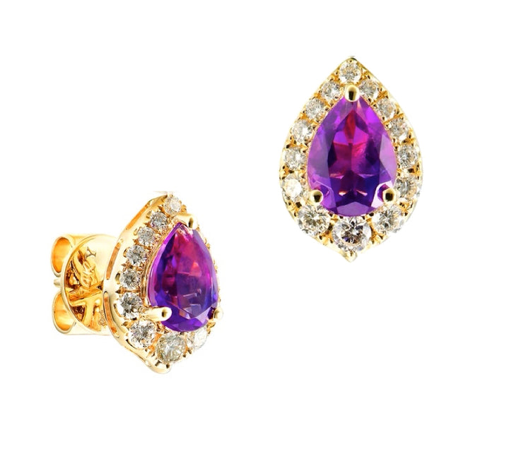 Pear Amethyst Diamond Halo Earrings 14K Yellow Gold
