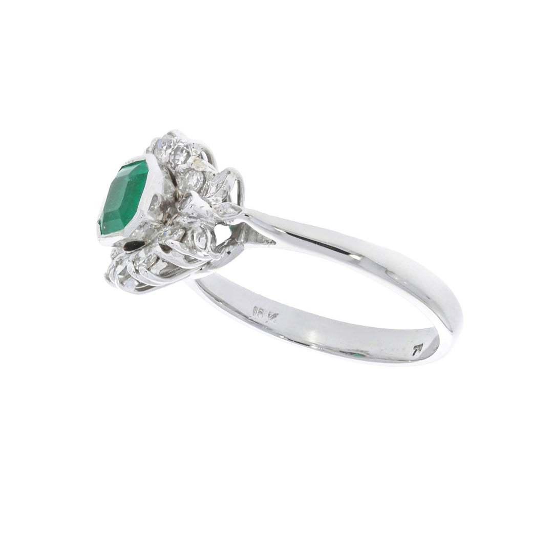 Emerald Diamond Halo Ring 18K White Gold .40 CT
