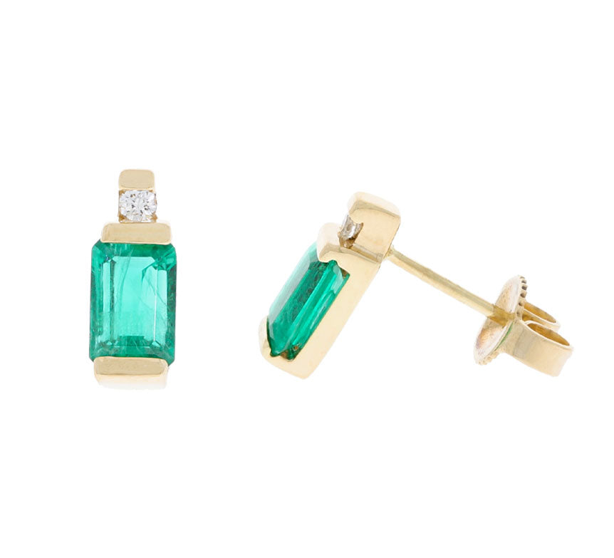 Emerald Diamond Stud Earrings 14K Yellow Gold