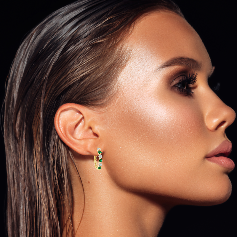 Emerald Diamond Shared Half Hoop Earring 14K Yellow Gold 14MM .22CT