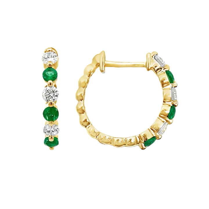 Emerald Diamond Shared Half Hoop Earring 14K Yellow Gold 14MM .22CT