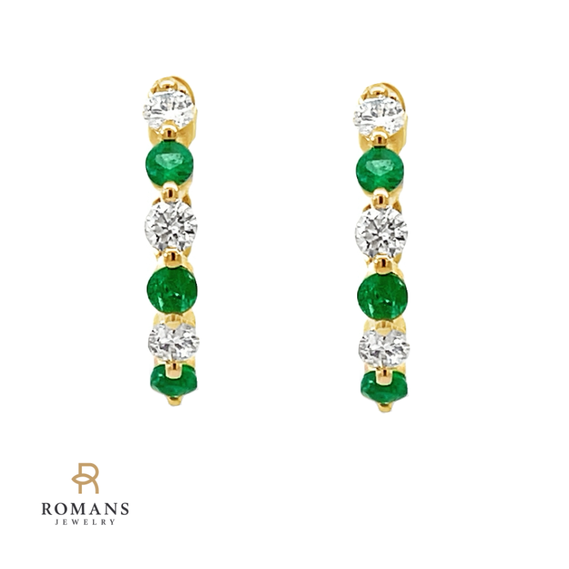 Emerald Diamond Shared Half Hoop Earring 14K Yellow Gold 14MM .22CT