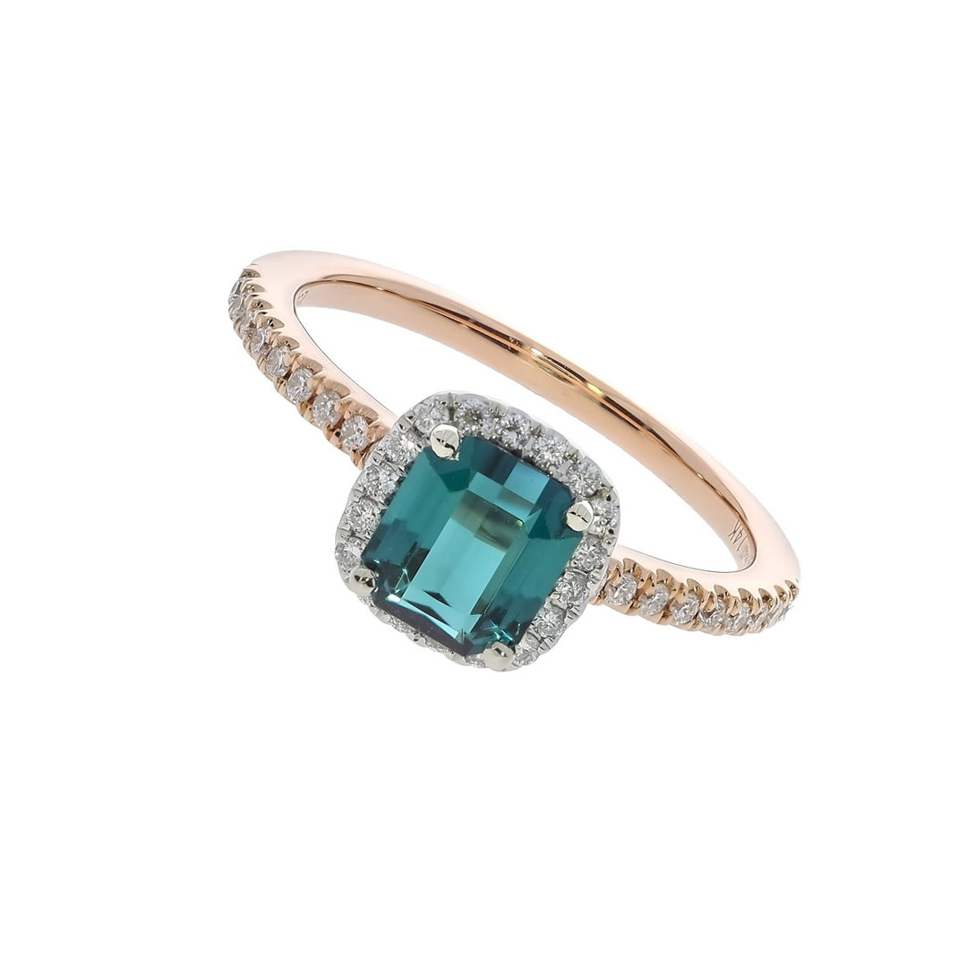Teal Tourmaline Diamond Halo Ring 14K Two Tone 1.03 CT
