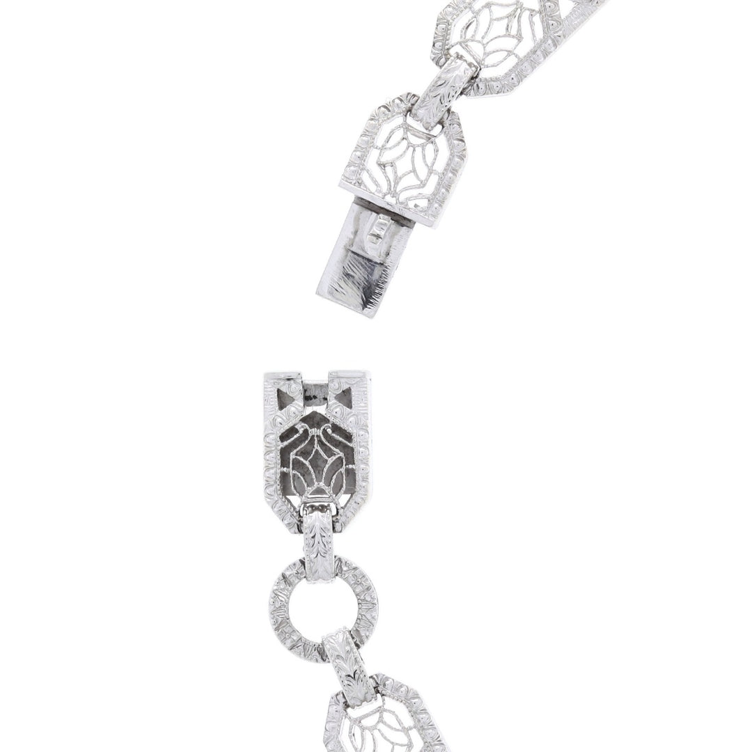 Vintage Filigree Diamond and Lab Created Sapphire Bracelet 14K White Gold