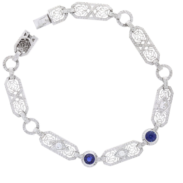 Vintage Filigree Diamond and Lab Created Sapphire Bracelet 14K White Gold