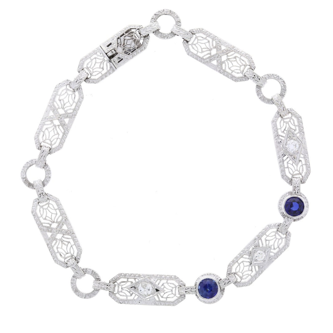 Vintage Filigree Diamond and Lab Created Sapphire Bracelet 14K White Gold