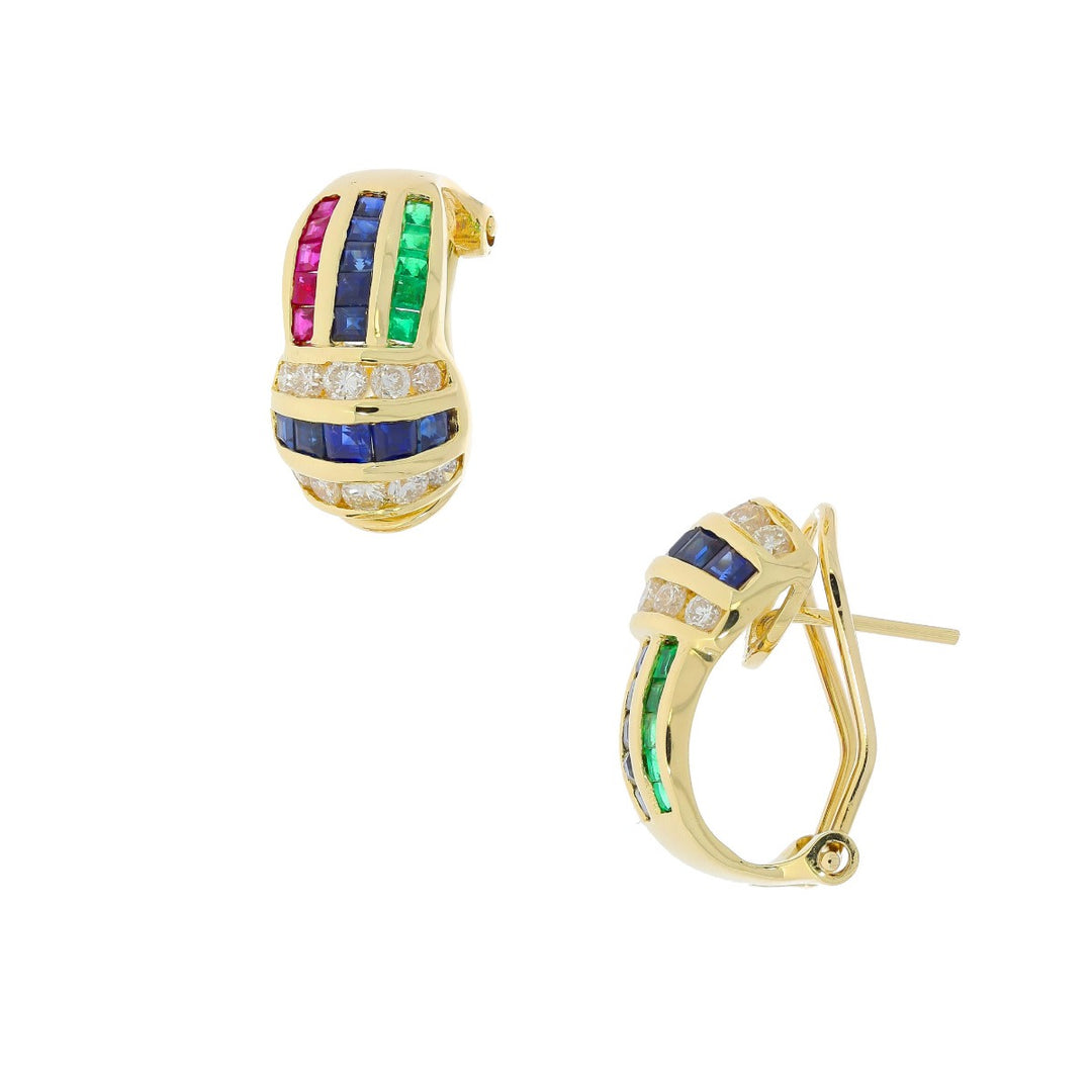 Rainbow Sapphire Emerald Ruby Diamond Hoops 18K Yellow Gold