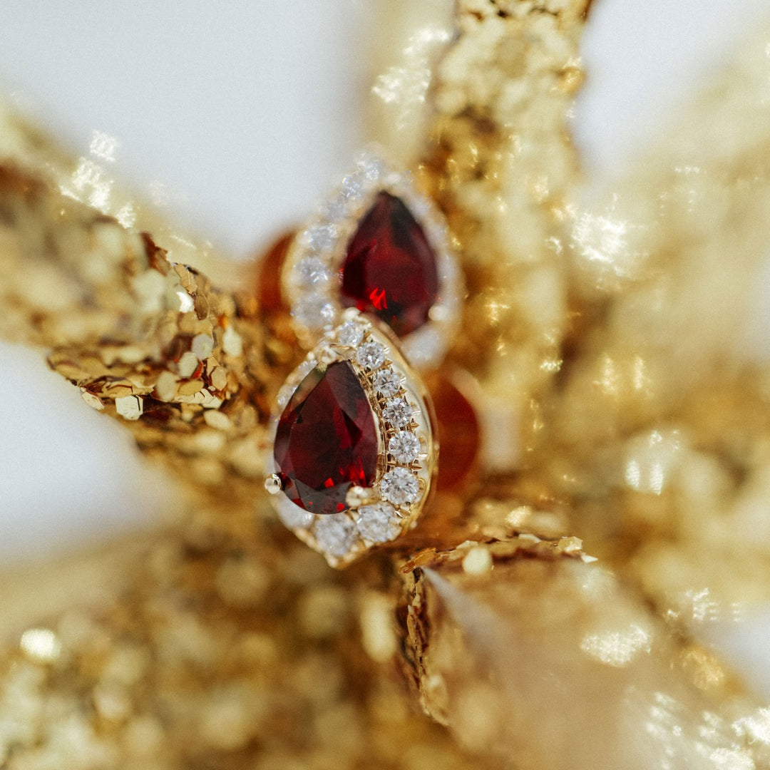 Garnet Diamond Halo Earrings 14K Yellow Gold