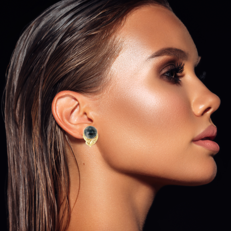 Black Jade Cabochon Omega Back Earrings 14K Yellow Gold