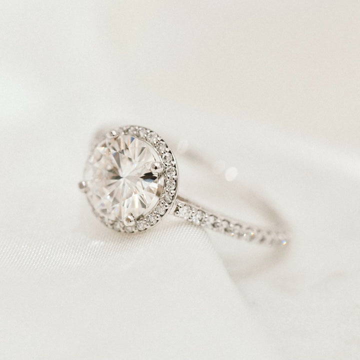 Moissanite Diamond Halo Ring 14K White Gold 8MM