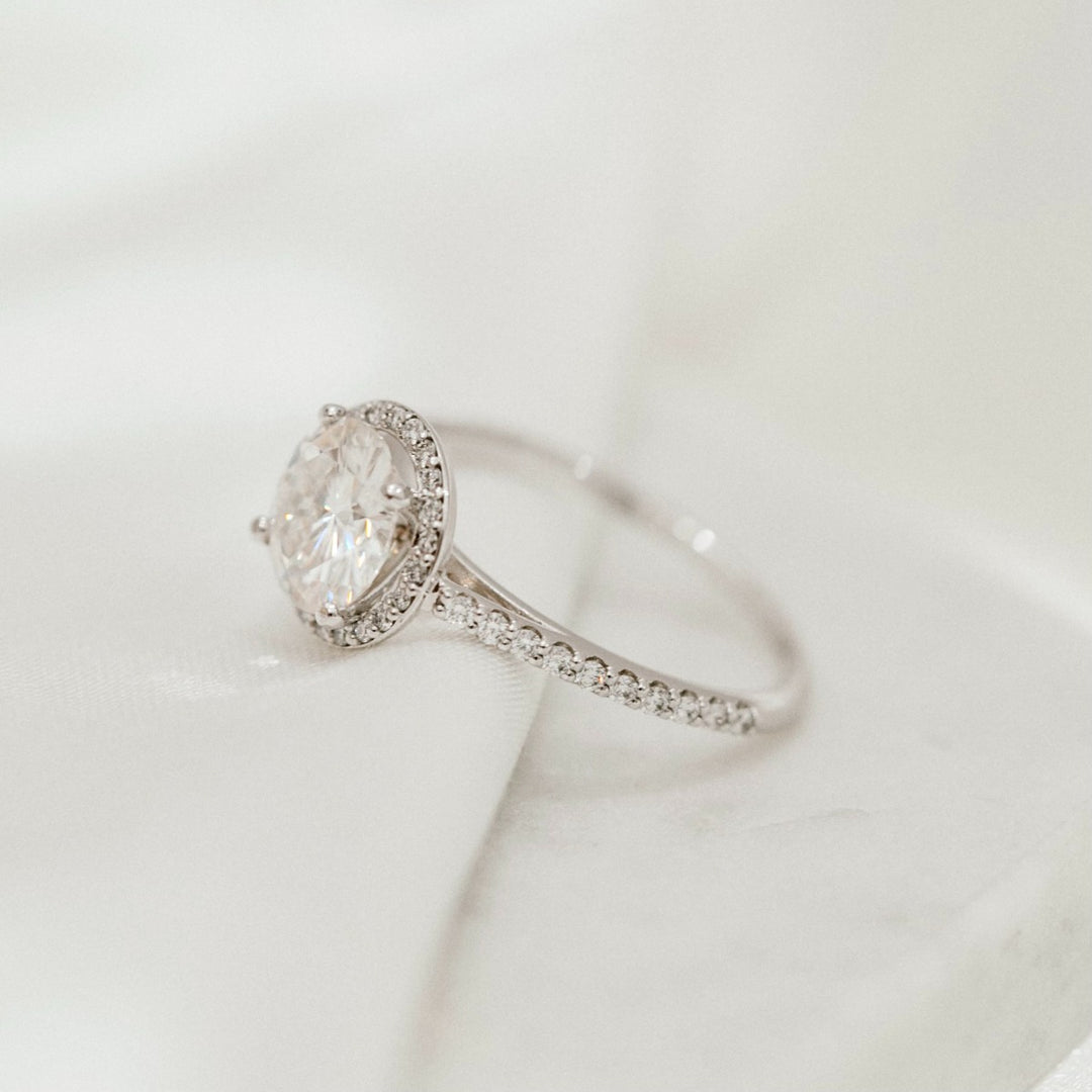 Moissanite Diamond Halo Ring 14K White Gold 8MM
