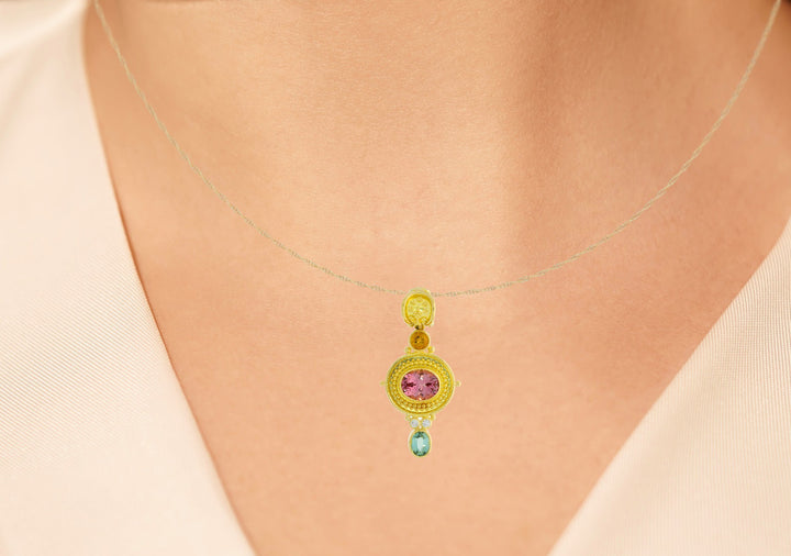 Tourmaline Citrine Diamond Pendant 18K & 22K Yellow Gold