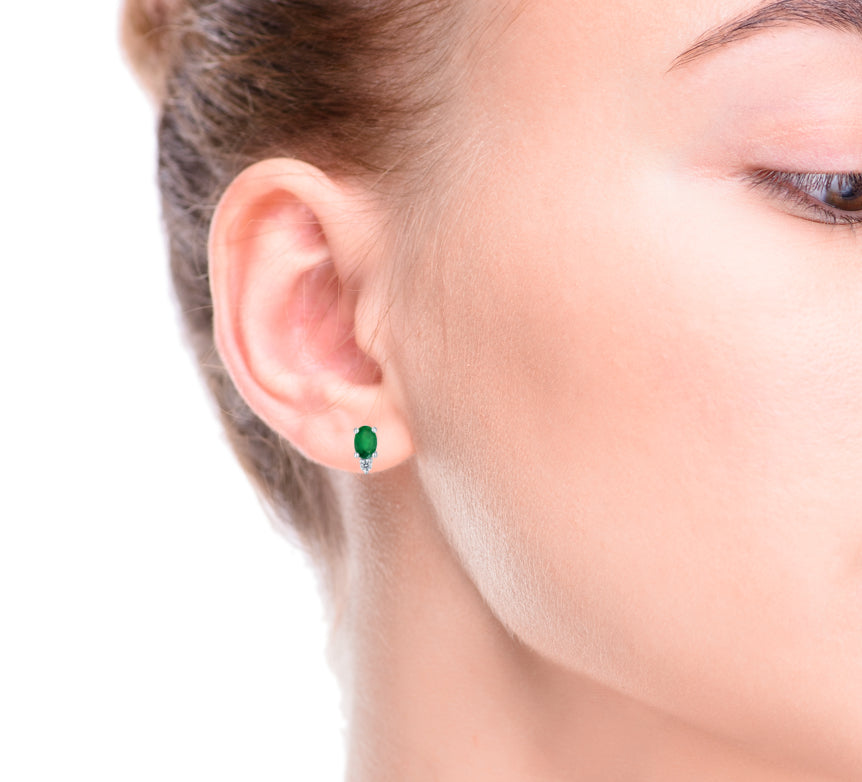 Emerald Diamond Stud Earrings 14K White Gold