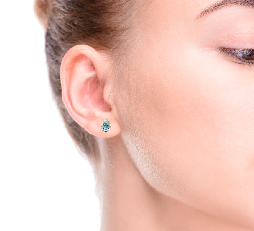 Topaz Diamond Halo Earrings 14K Yellow Gold