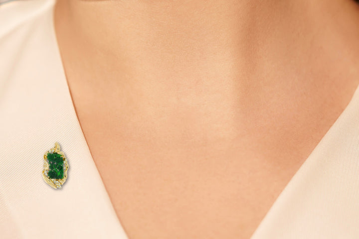 Jadeite Jade & Diamond Brooch Pendant 18K Yellow Gold