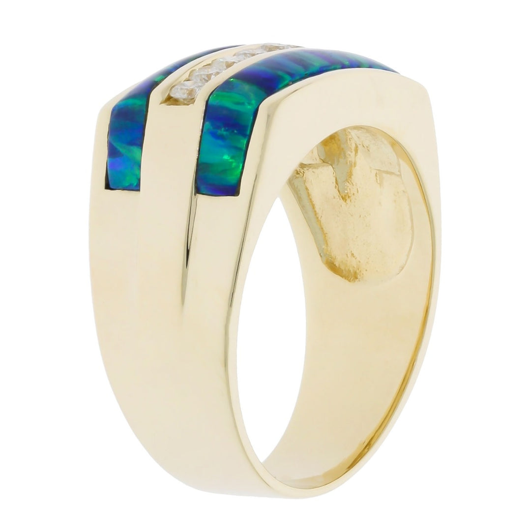 Men's Modern Synthetic Opal Inlay Ring 14K Yellow Gold