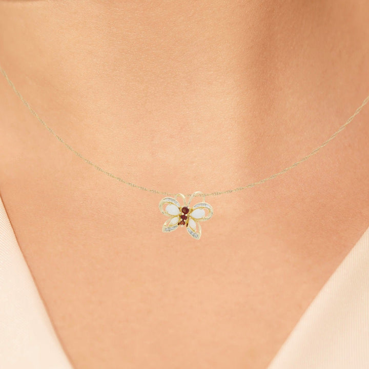 Butterfly Opal Garnet Diamond Pendant 14K Yellow Gold