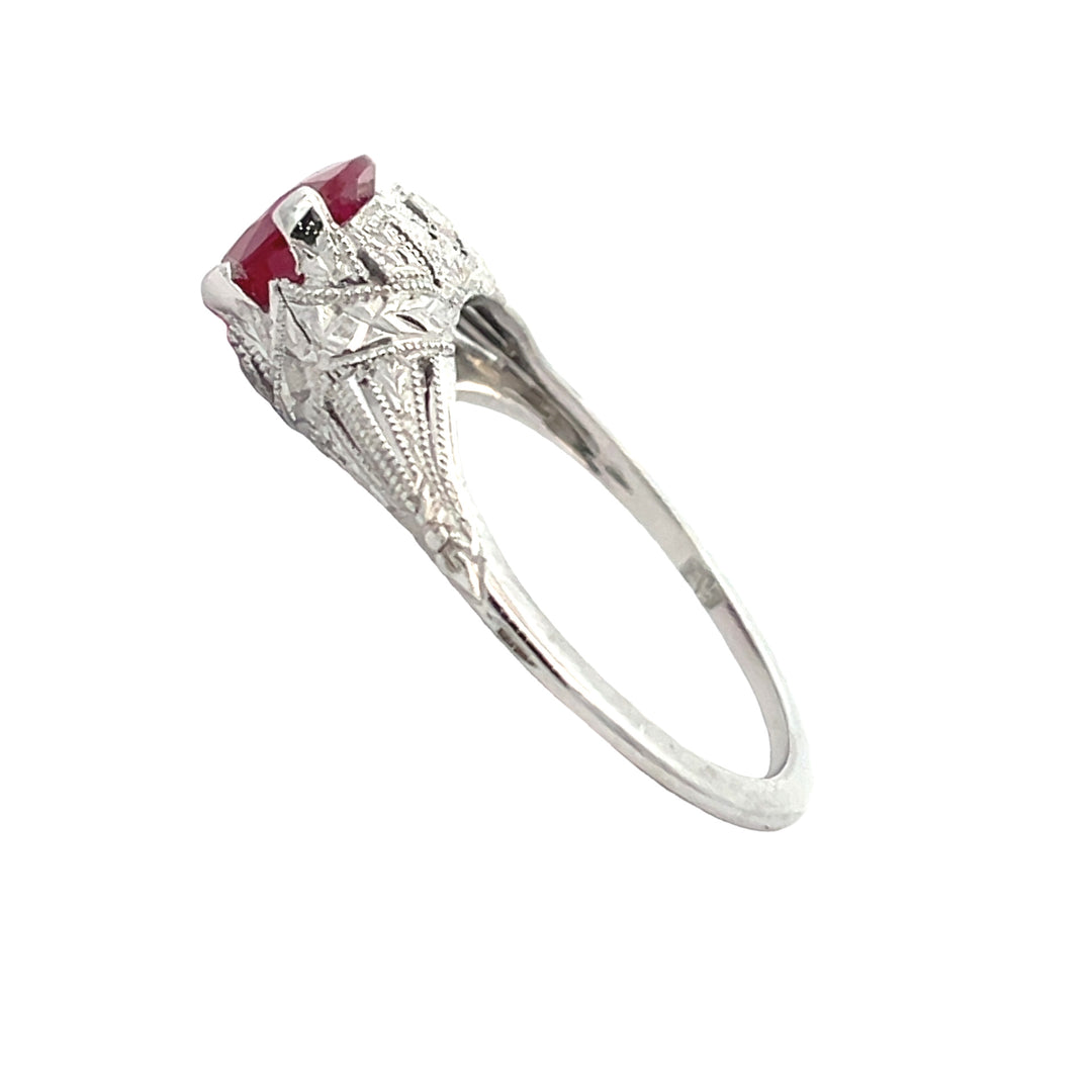 Vintage Oval Ruby Ring 18K White Gold 1.08CT