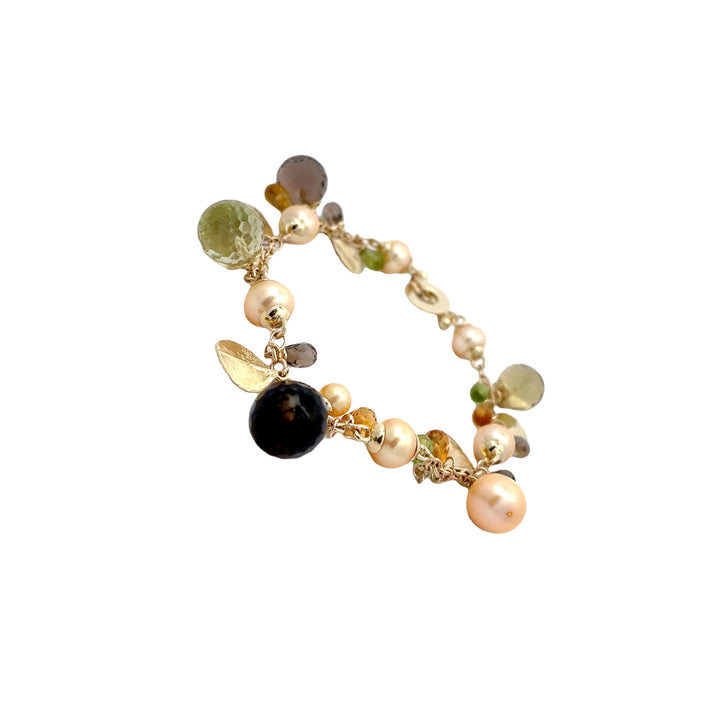 Colorful Gemstones Charm Peridot, Smoky Quartz Bracelet 14K Yellow Gold