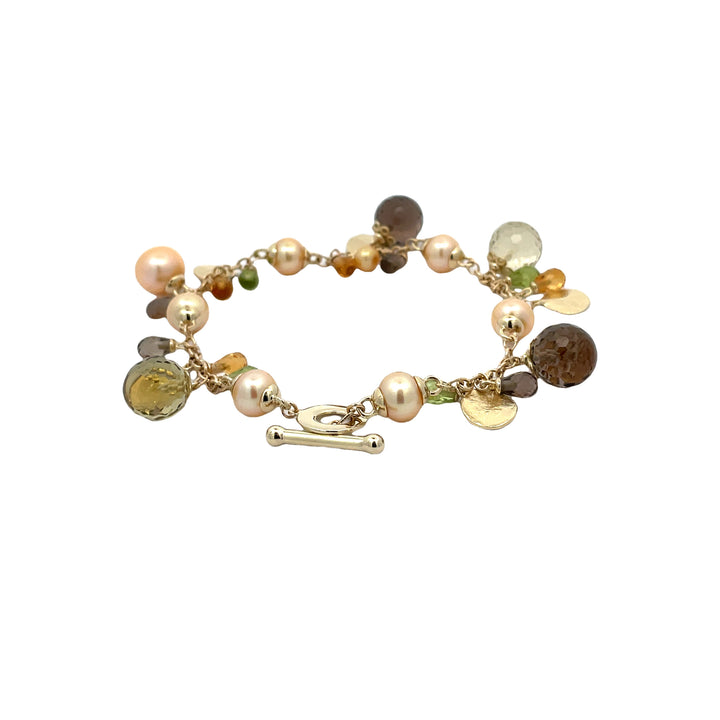 Colorful Gemstones Charm Peridot, Smoky Quartz Bracelet 14K Yellow Gold