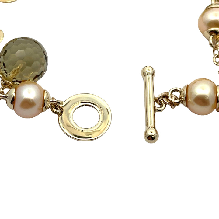 Colorful Gemstones Charm Peridot, Smoky Quartz Bracelet 14K Yellow Gold