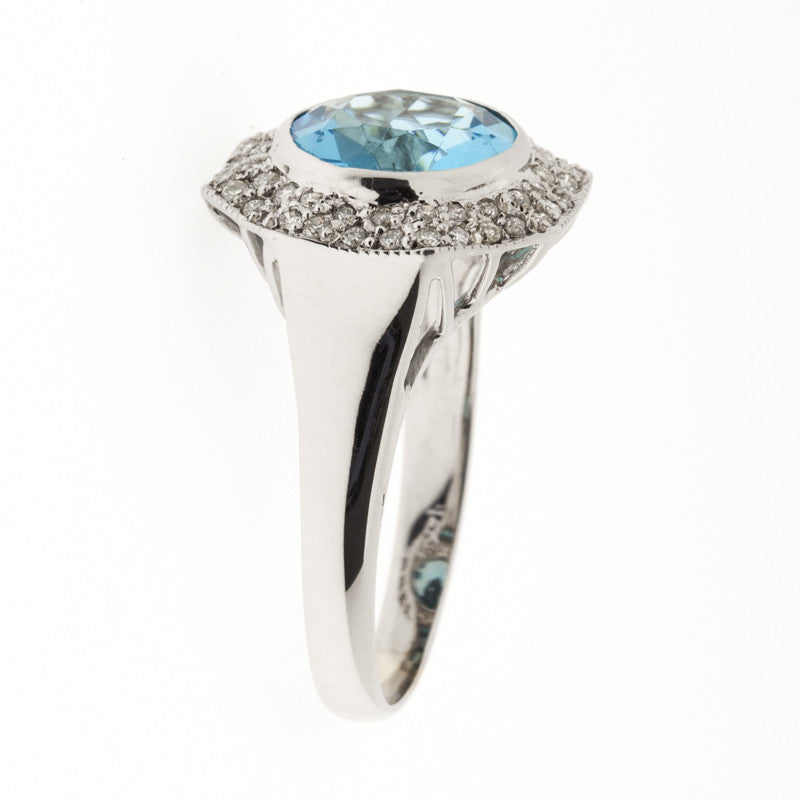 Swiss Blue Topaz Diamond Ring 14K White Gold 4CT