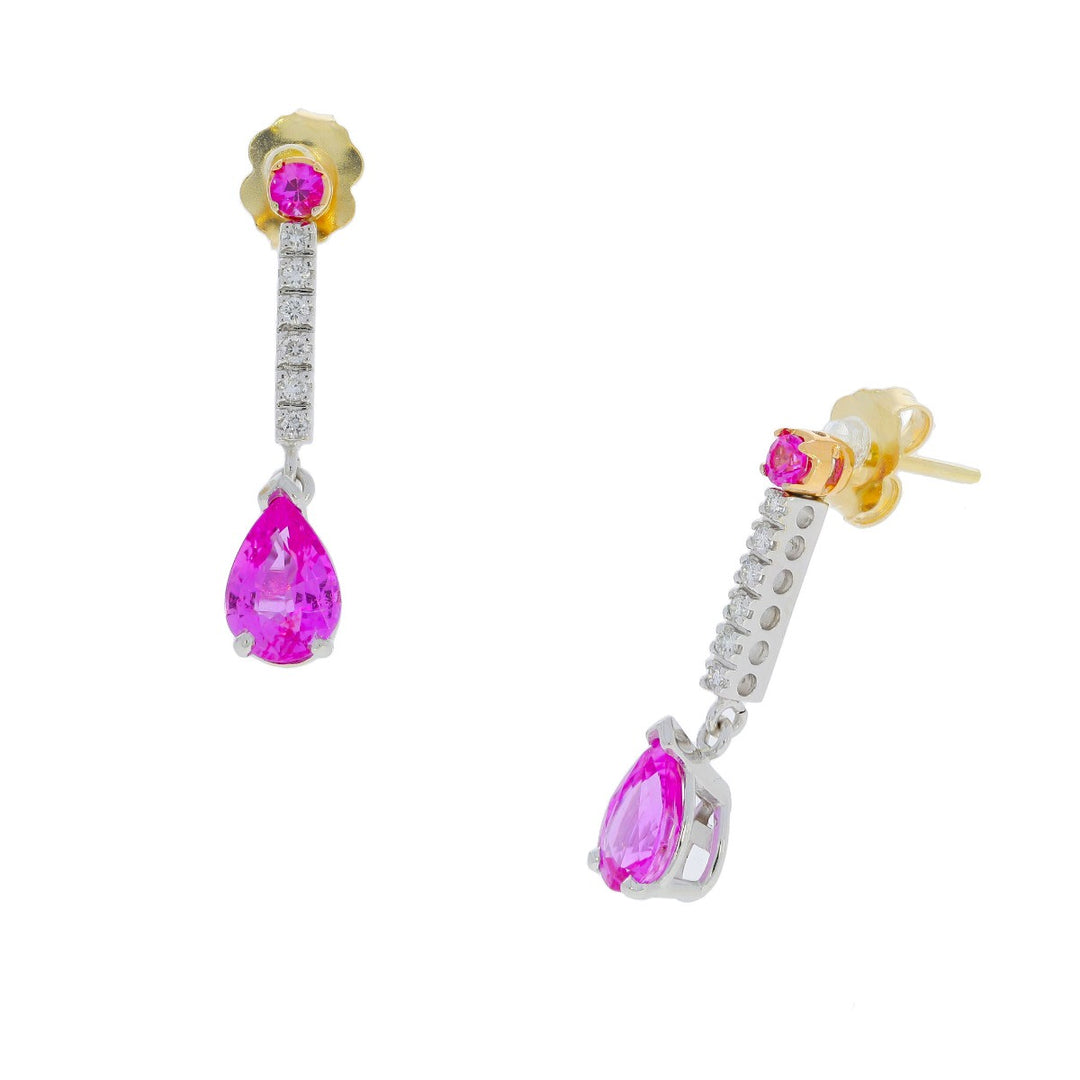 Pink Sapphire Diamond Dangle Earrings 14K Two Tone Gold 1.98CTW
