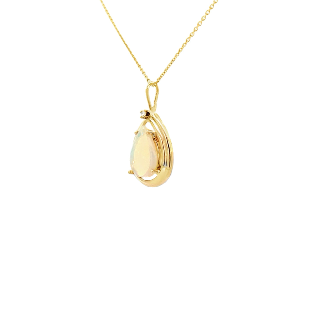 White Opal Diamond Pendant 14K Yellow Gold