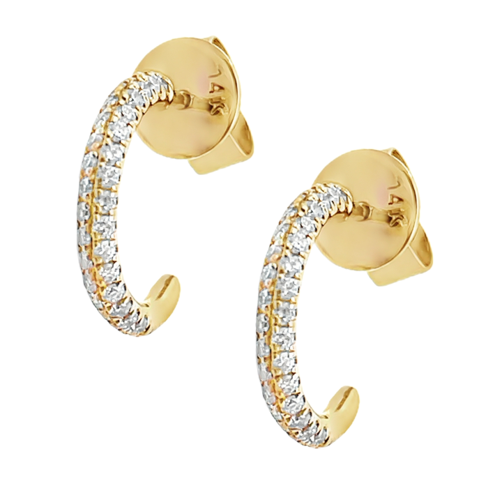 Pave Diamond Half Hoop Earrings 14K Yellow Gold .34CT