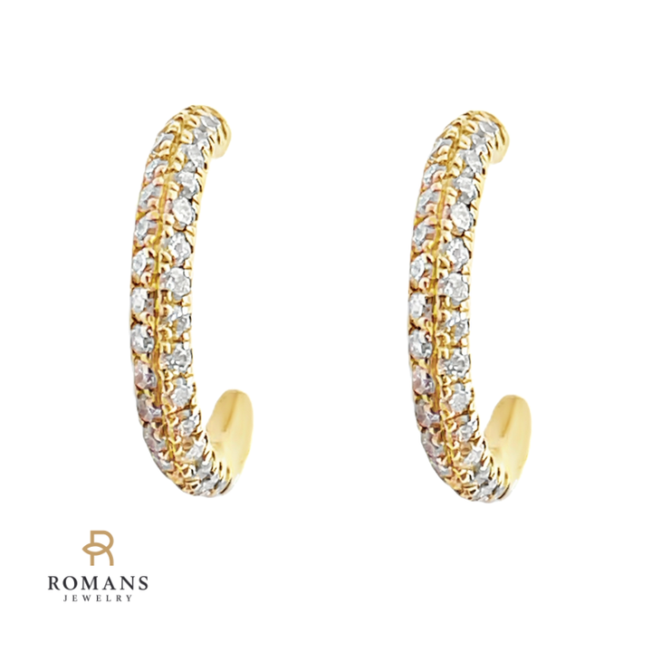 Pave Diamond Half Hoop Earrings 14K Yellow Gold .34CT