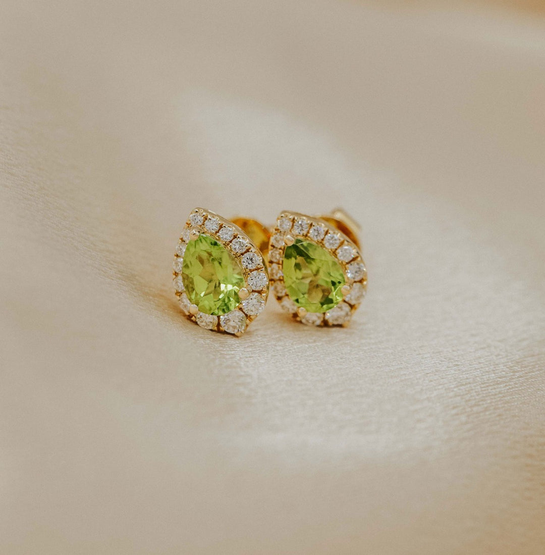 Peridot Pear Diamond Halo Earrings 14K Yellow Gold
