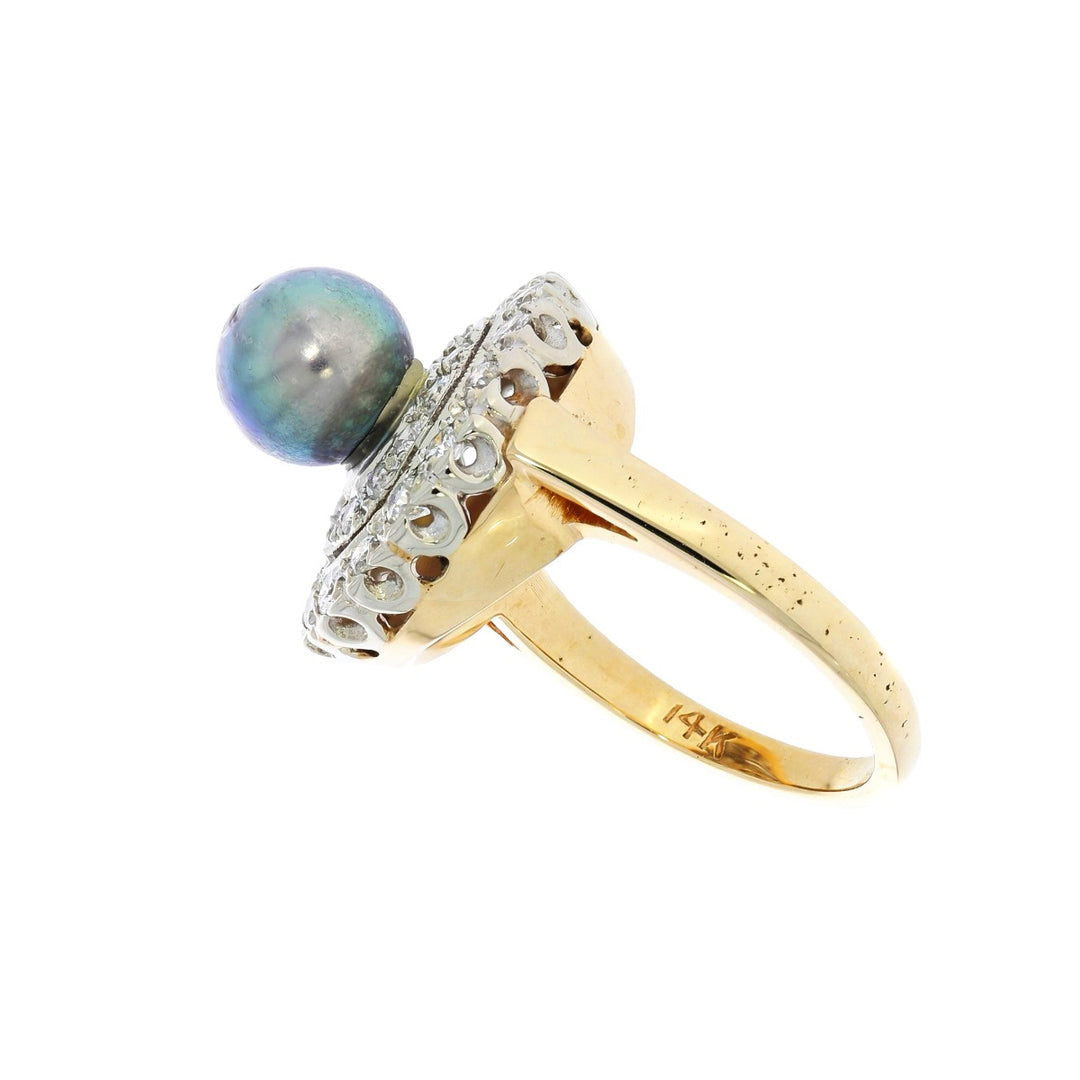 Tahitian Pearl Diamond 1950's Ring 14K Two Tone .75 CT